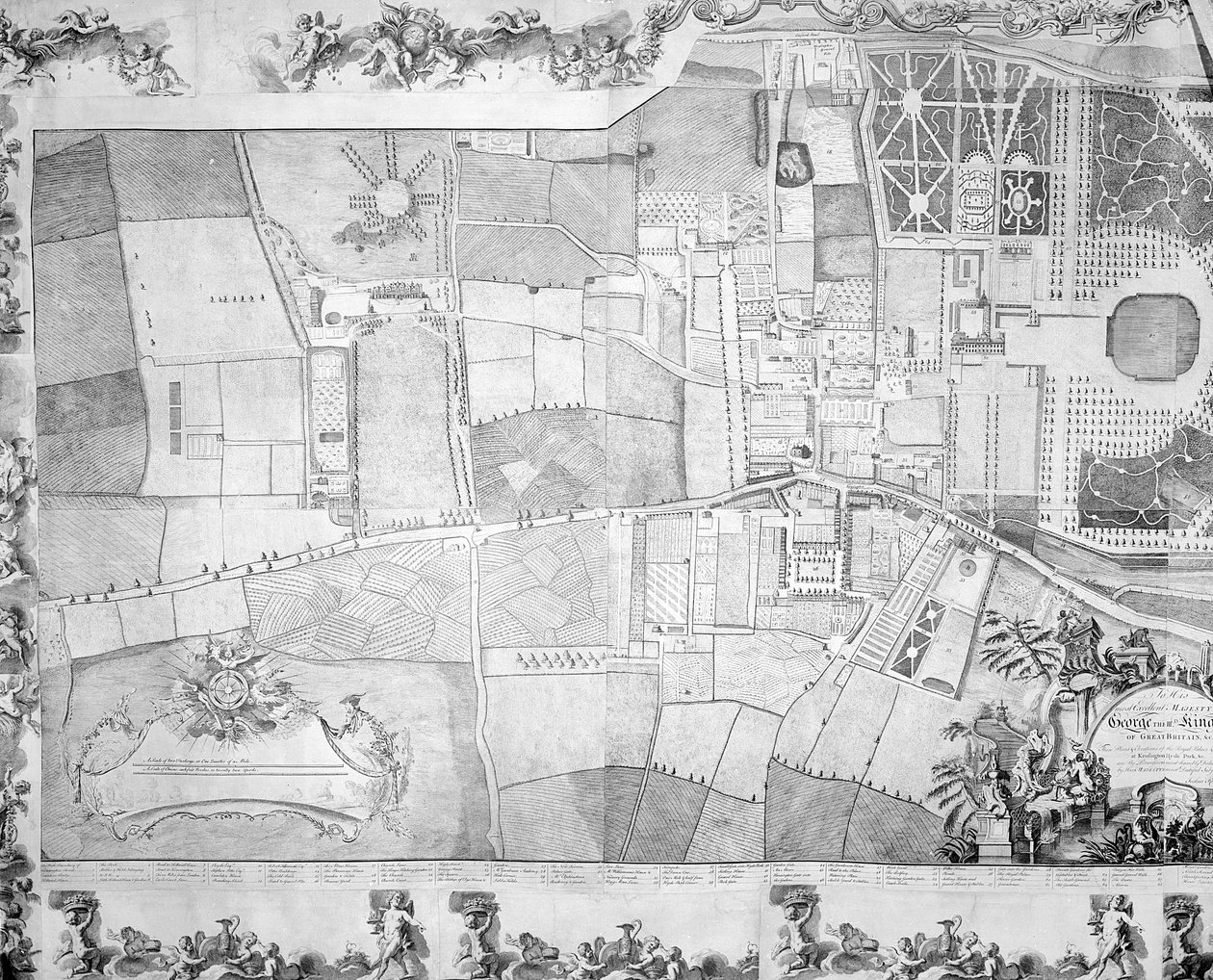 Detail (levá strana) plánu Kensingtonského paláce od Joshuy Rhodese, 1764 od George Bickham