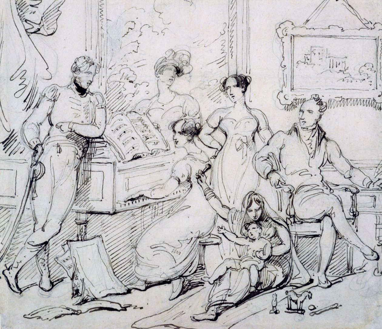 Rodinná skupina kolem klavíru (pero a hnědý inkoust s grafitem na papíře) od George Chinnery