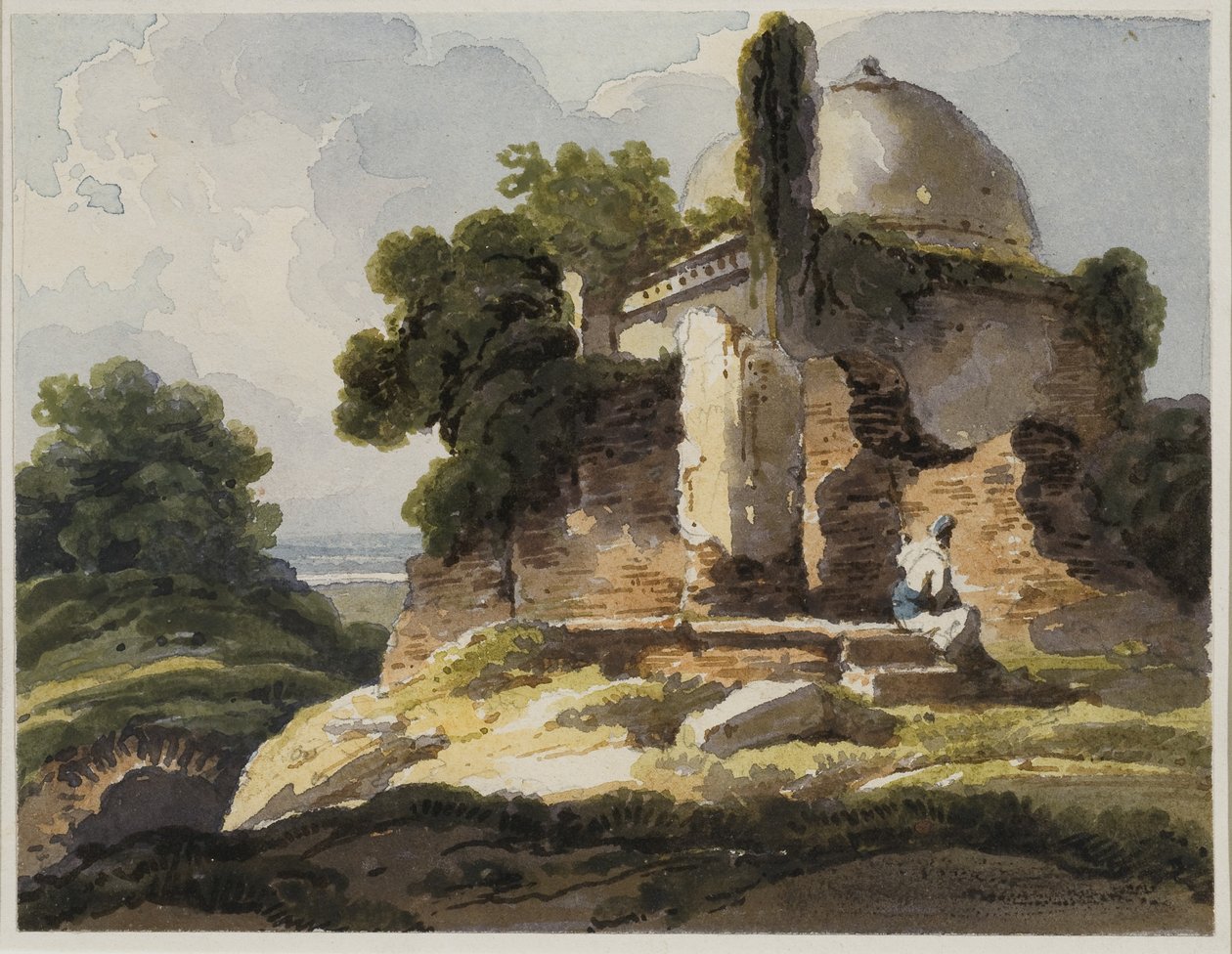 Pohled na krajinu s muslimskou kupolovitou hrobkou, 1819 (wc na papíře) od George Chinnery