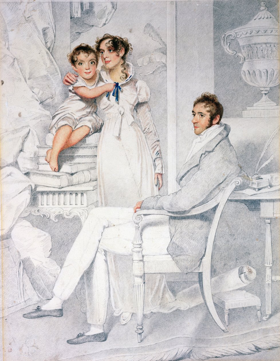 Pan a paní Richmond Thackeray a jejich syn William Makepeace Thackeray (1811-63) 1814 (tužka a wc na papíře) od George Chinnery