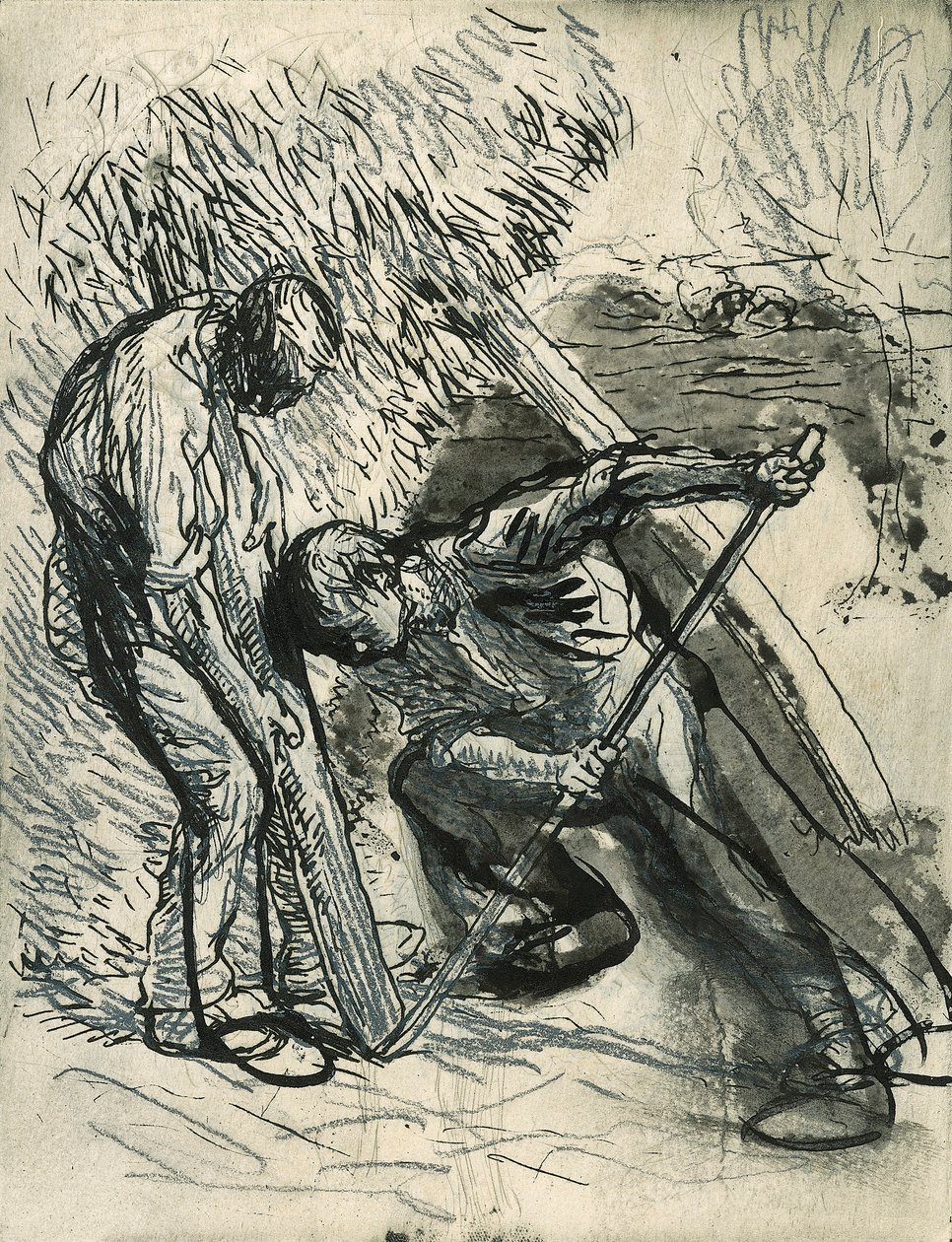 Propping the Rick, cca 1900 (tužka, pero a inkoust přes zkušební lept) od George Clausen