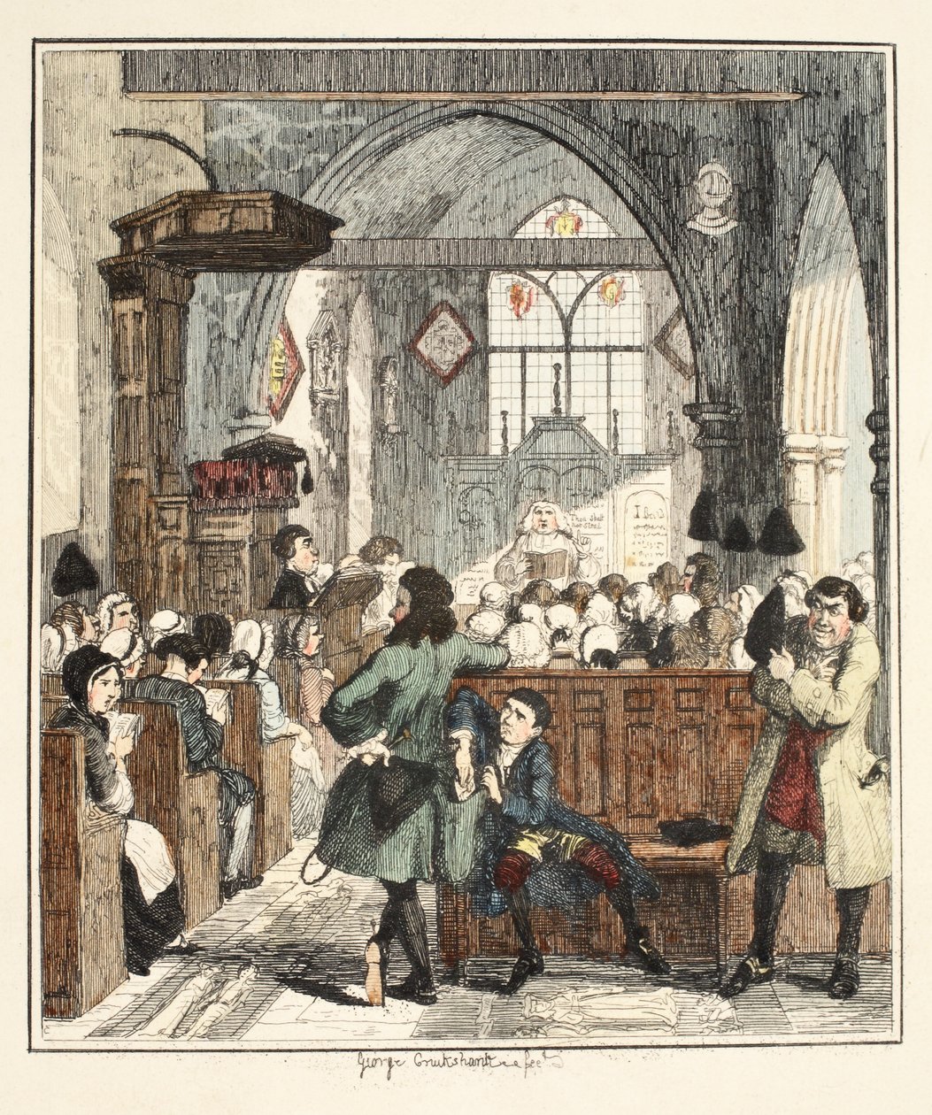 Jack Sheppard páchá loupež v kostele Willesden, ilustrace z Jack Sheppard: A Romance od Williama Harrisona Ainswortha, vydáno 1839 (ručně kolorovaný lept) od George Cruikshank
