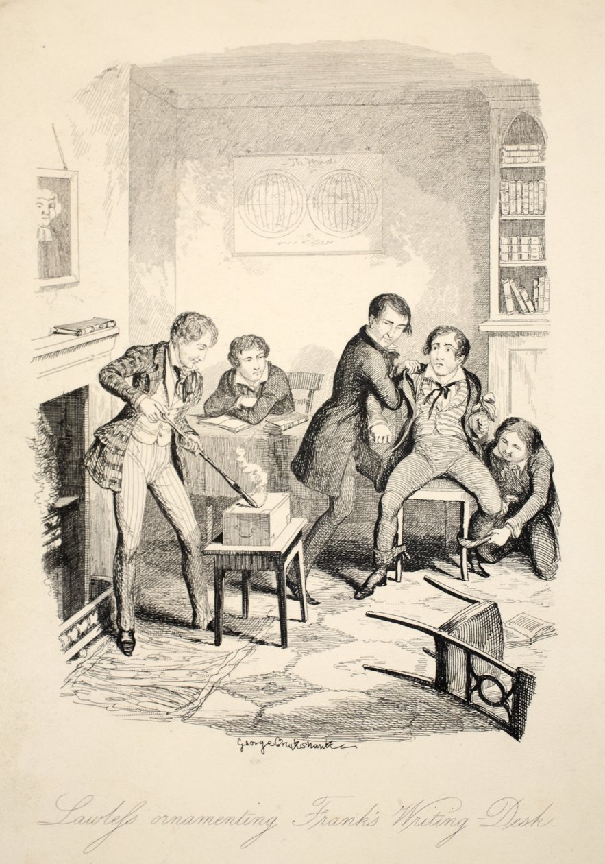 Lawleys Ornamenting Franks Writing-Desk, z knihy Frank Fairlegh or Scenes From the Life of a Private Pupil, vyd. kolem roku 1870 od George Cruikshank
