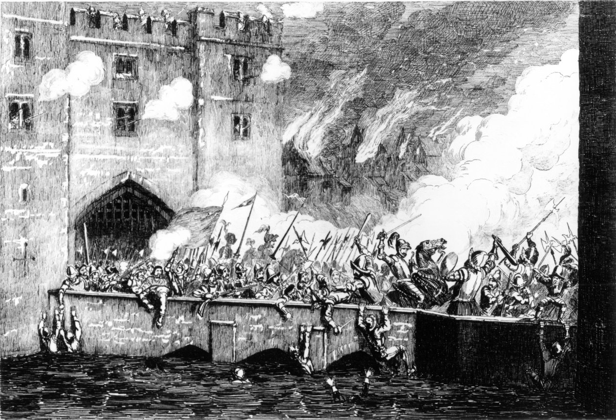 Sir Thomas Wyatt (asi 1521-54) Útok na Byward Tower od George Cruikshank