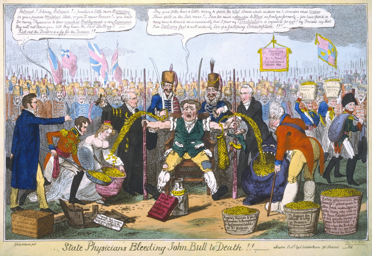 State Physicians Bleeding John Bull to Death!!, 1816 (ručně kolorovaná rytina) od George Cruikshank