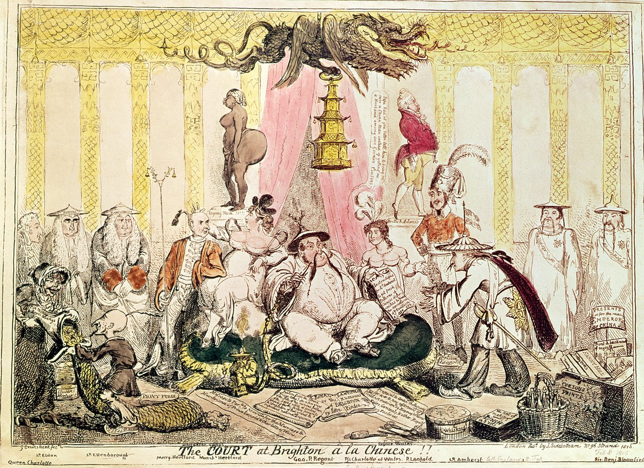 Court at Brighton a la Chinese, 1816 (ručně kolorovaná rytina) od George Cruikshank