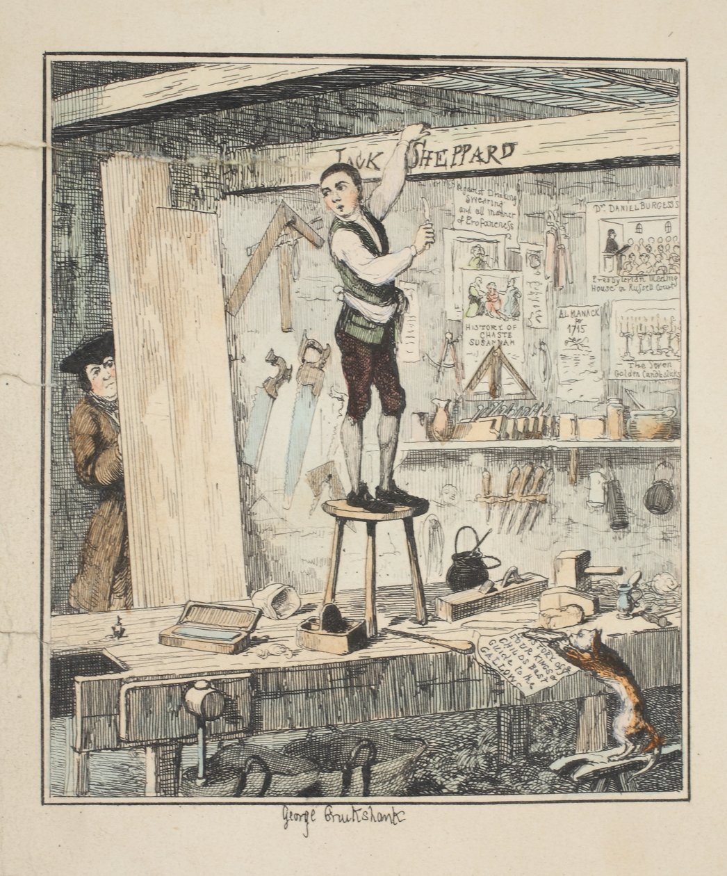 Jméno na trámu, ilustrace od Jacka Shepparda: A Romance by William Harrison Ainsworth, vydáno 1839 (ručně kolorovaný lept) od George Cruikshank