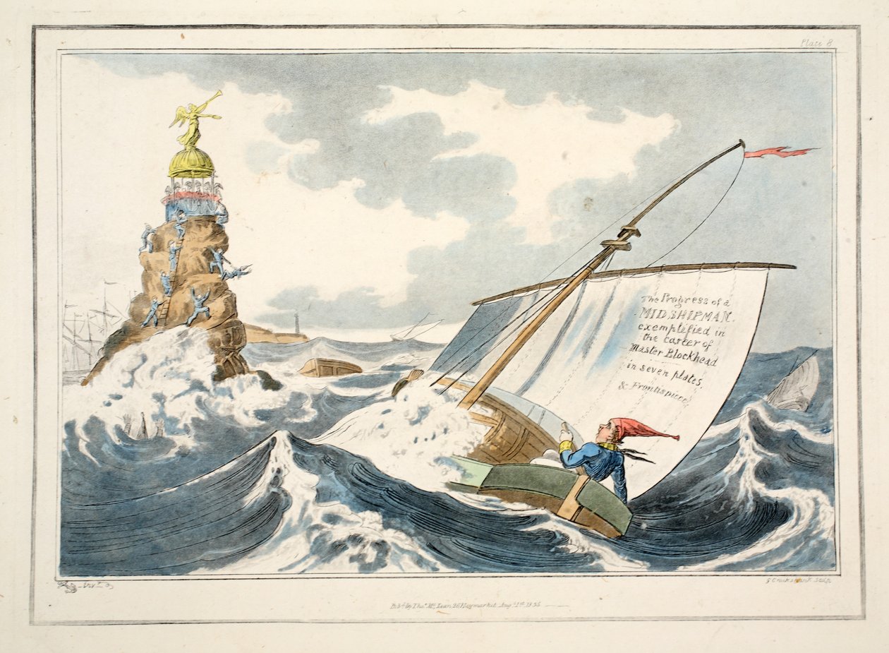 The Progress of a Midshipman exemplified in the career of Master Blockhead in seven plates und Frontispiece, 1835 (ručně kolorovaná rytina) od George Cruikshank