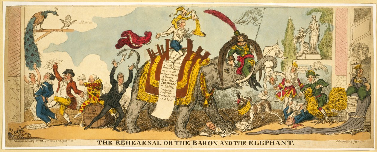Zkouška aneb Baron a slon, hospoda. 1812 (ručně kolorovaná rytina) od George Cruikshank
