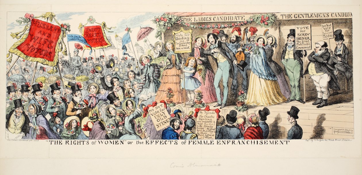 Práva žen aneb účinky ženského zmocnění, pub. 1853 (ručně kolorovaná rytina) od George Cruikshank