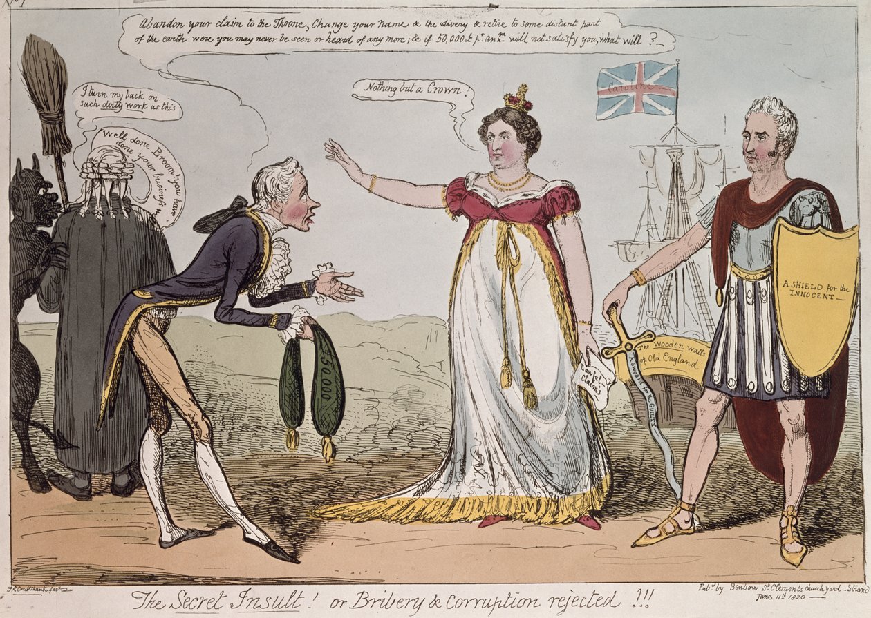 Tajná urážka nebo úplatky a korupce odmítnuty, publikoval Benbow, 1820 od George Cruikshank