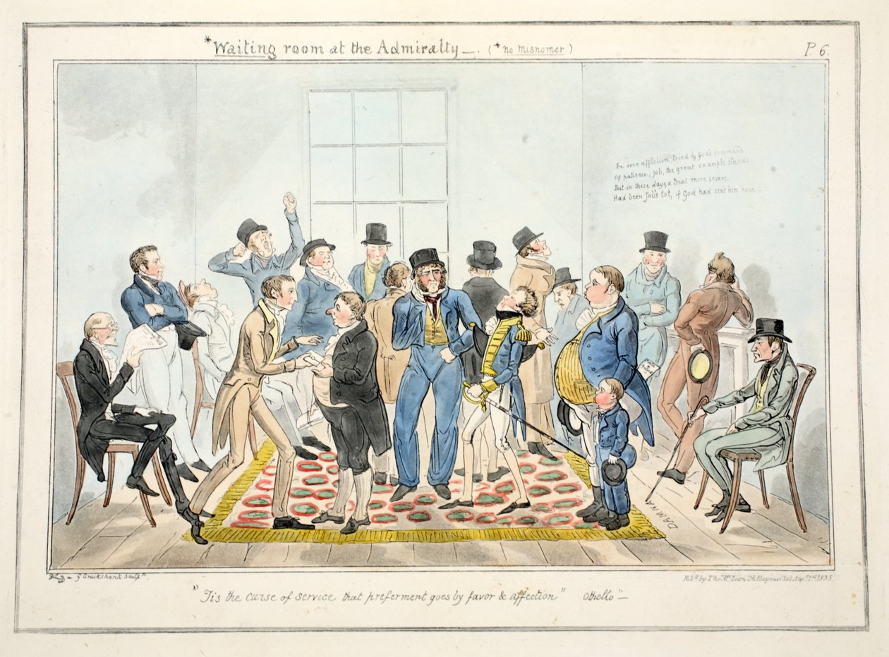 Čekárna u admirality, z The Progress of a Midshipman, hospoda. 1835 (ručně kolorovaná rytina) od George Cruikshank