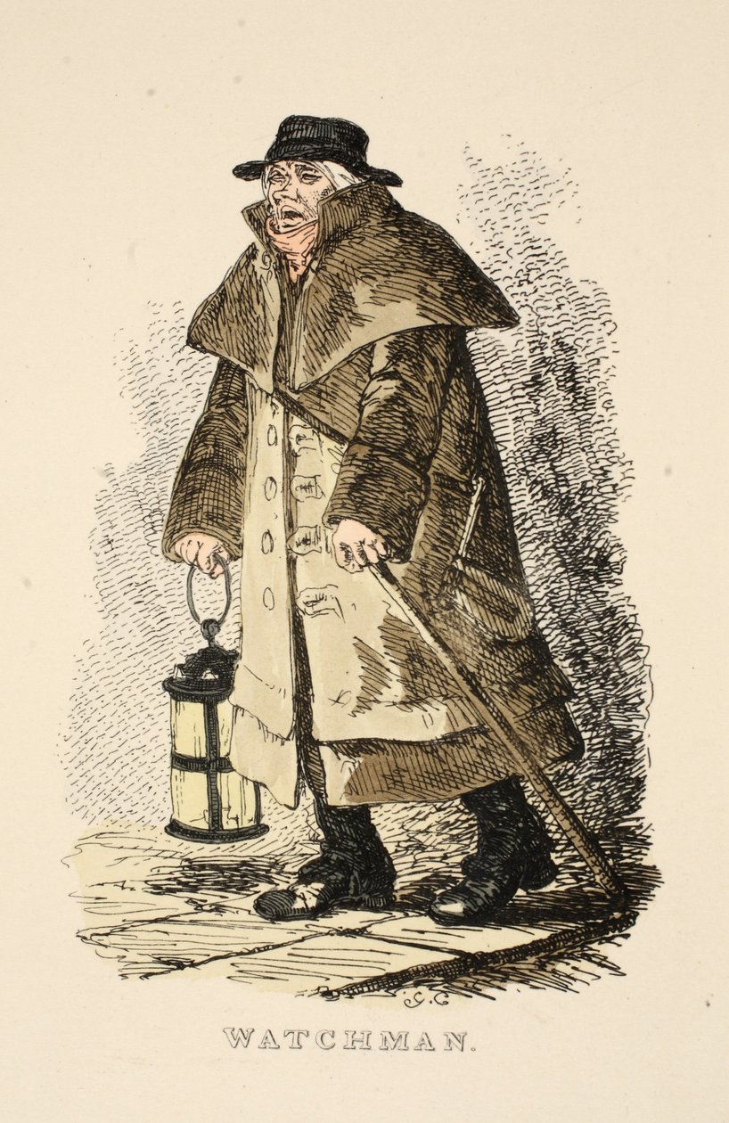 Hlídač z The Gentlemans Pocket Magazine, hospoda. 1827 (ručně kolorovaná rytina) od George Cruikshank