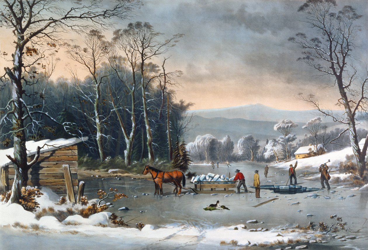 Zima na venkově, Getting Ice, hospoda. Currier a Ives, New York, 1864 od George Henry Durrie