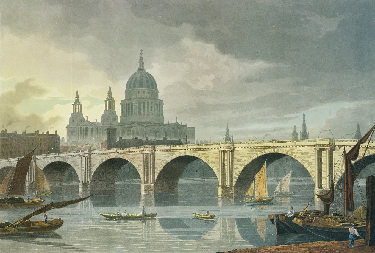Jihozápadní pohled na St Pauls Cathedral a Blackfriars Bridge, 1810 (barevná rytina) od George Fennel Robson
