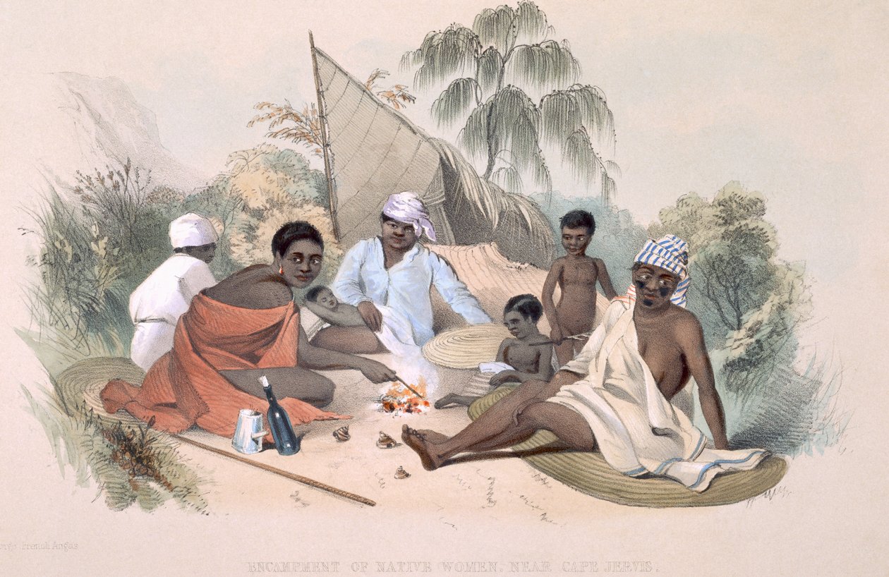 The Aboriginal Inhabitants: Tábořiště domorodých žen, poblíž Cape Jervis, z „South Australia Illustrated“, vydáno v roce 1847 (ručně kolorovaná rytina) od George French Angas