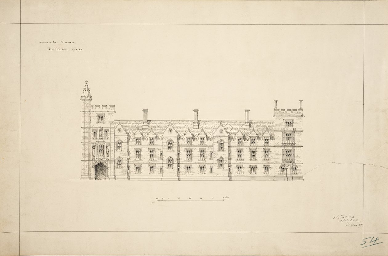 New College Oxford: Navrhované nové budovy, 1870-79 (inkoust na papíře) od George Gilbert Scott