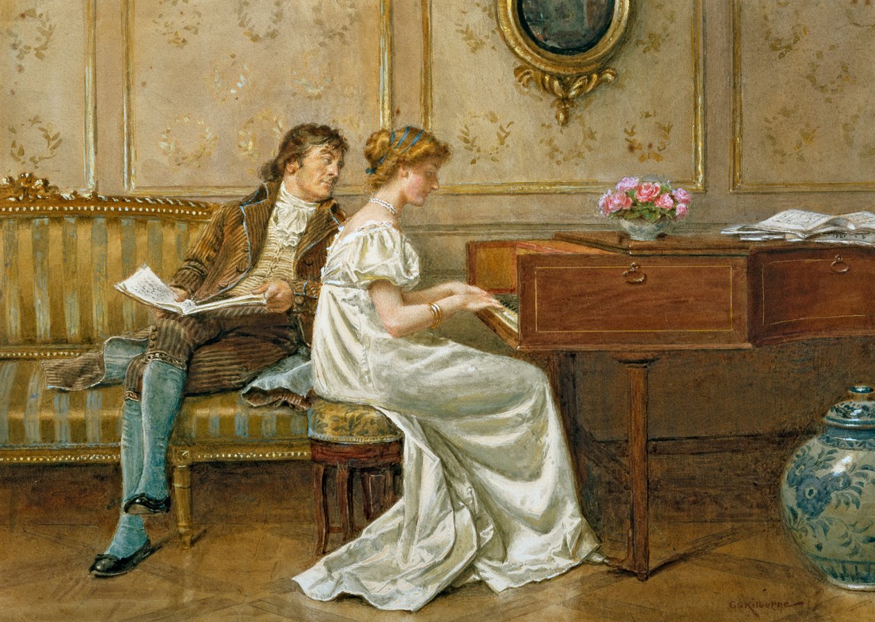 The New Spinet (tužka, wc a kvaš na papíře) od George Goodwin Kilburne