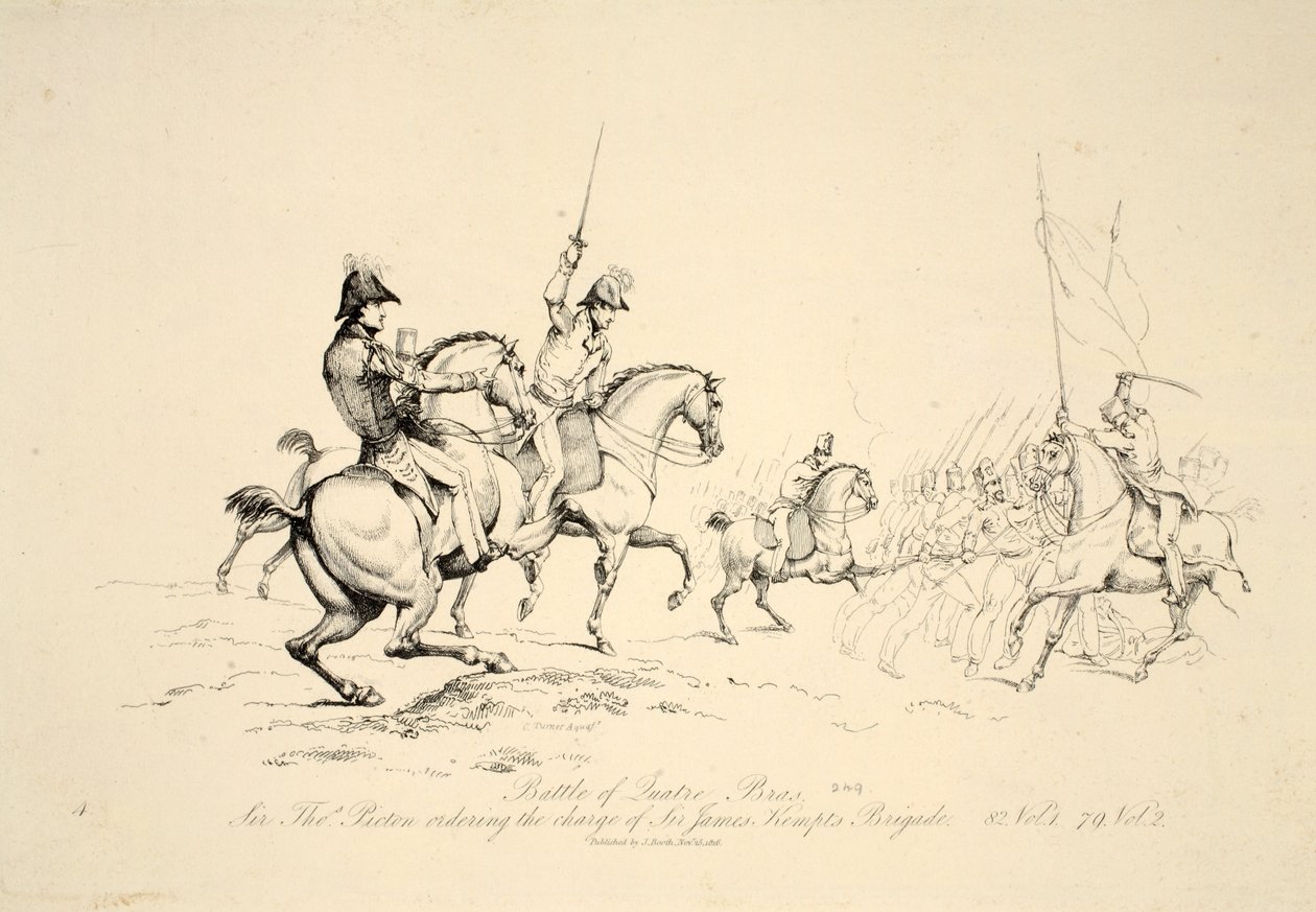 Bitva o Quatre Bras: Sir Thomas Picton objednává veliteli brigády Sira Jamese Kemptse, hospoda. J. Booth, 1816 od George Jones