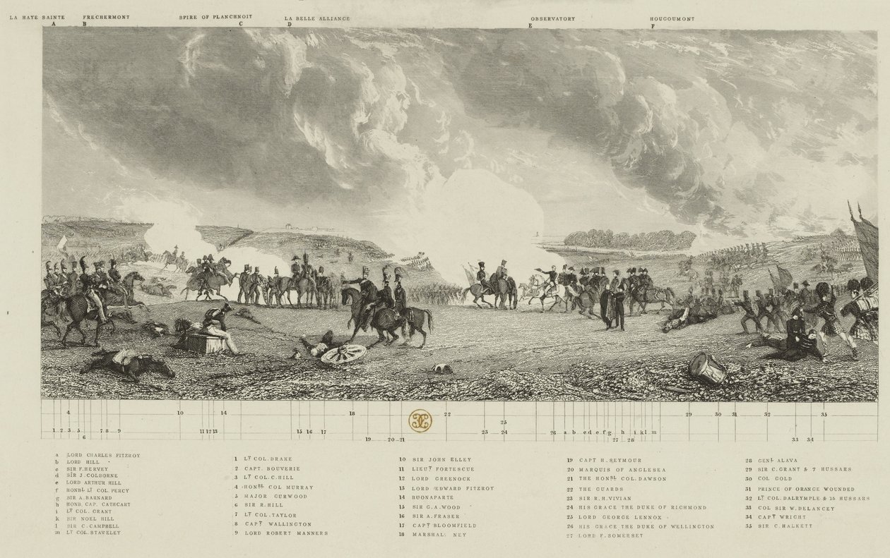 Klíč k ‚Bitvě u Waterloo, 1815‘, rytina J. T. Willmore, publikoval J. Hogarth, 21. března 1849 od George Jones