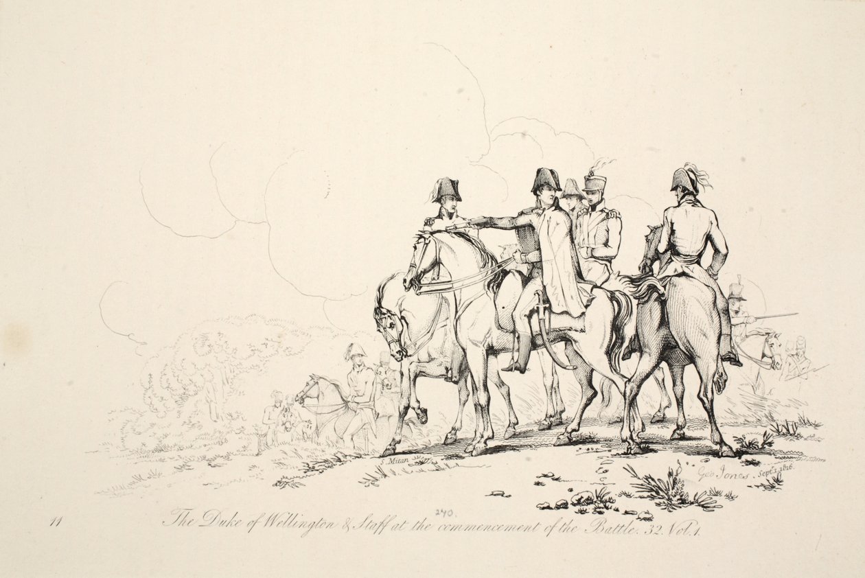 Vévoda z Wellingtonu a štáb na zahájení bitvy, hospoda. J. Booth, 1816 od George Jones
