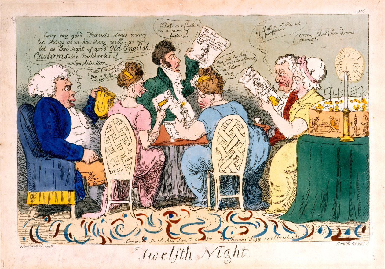 Dvanáctá noc, lept Isaac Cruikshank (1764–1811), tisk Thomas Tegg (1776–1845), 1819 (ručně kolorovaný lept) od George Moutard Woodward