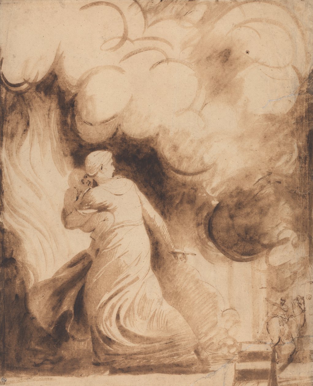 Matka s dítětem v náručí letící na hradbách města v plamenech (Lady Hamilton jako ... od George Romney