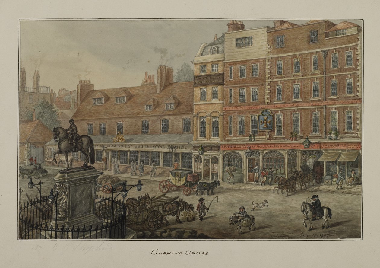 Pohled na Charing Cross zobrazující vozidla tažená koňmi, postavy a Dublin Hotel Tavern and Coffee House, 1807 (wc na papíře) od George Shepherd