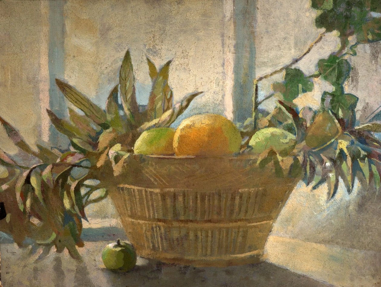 Ovoce a listy v košíku (tempera na dřevě) od George Sheringham