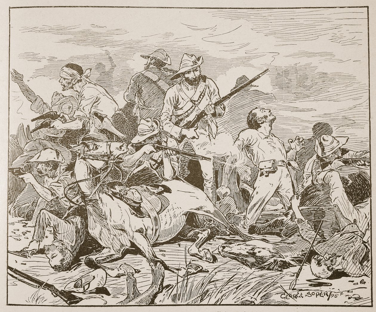 „Bojovali dál ponuře“, ilustrace z „Bitvy devatenáctého století“ od Archibalda Forbese, G.A. Henty a major Arthur Griffiths od George Soper