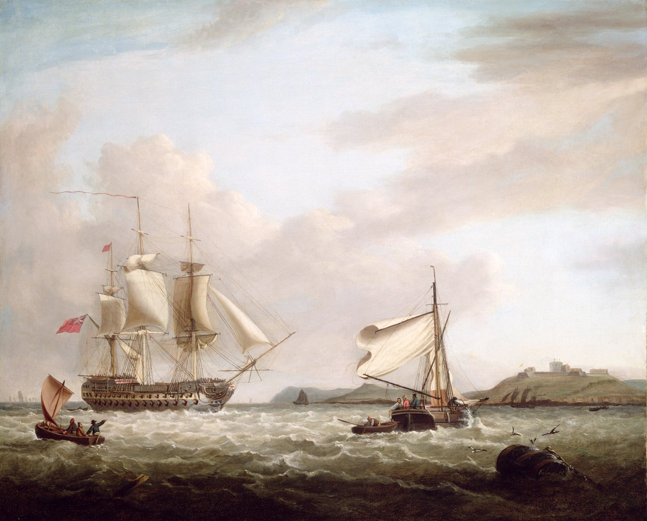 Anglický válečný muž u hradu Pendennnis, Falmouth 1801 od George Webster