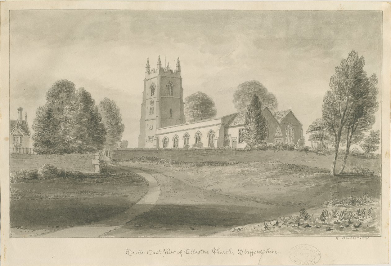 Ellastone Church: sépiová kresba, 1841 od George Buckler