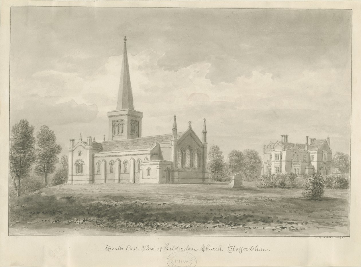 Hilderstone Church: sépiová kresba, 1841 od George Buckler