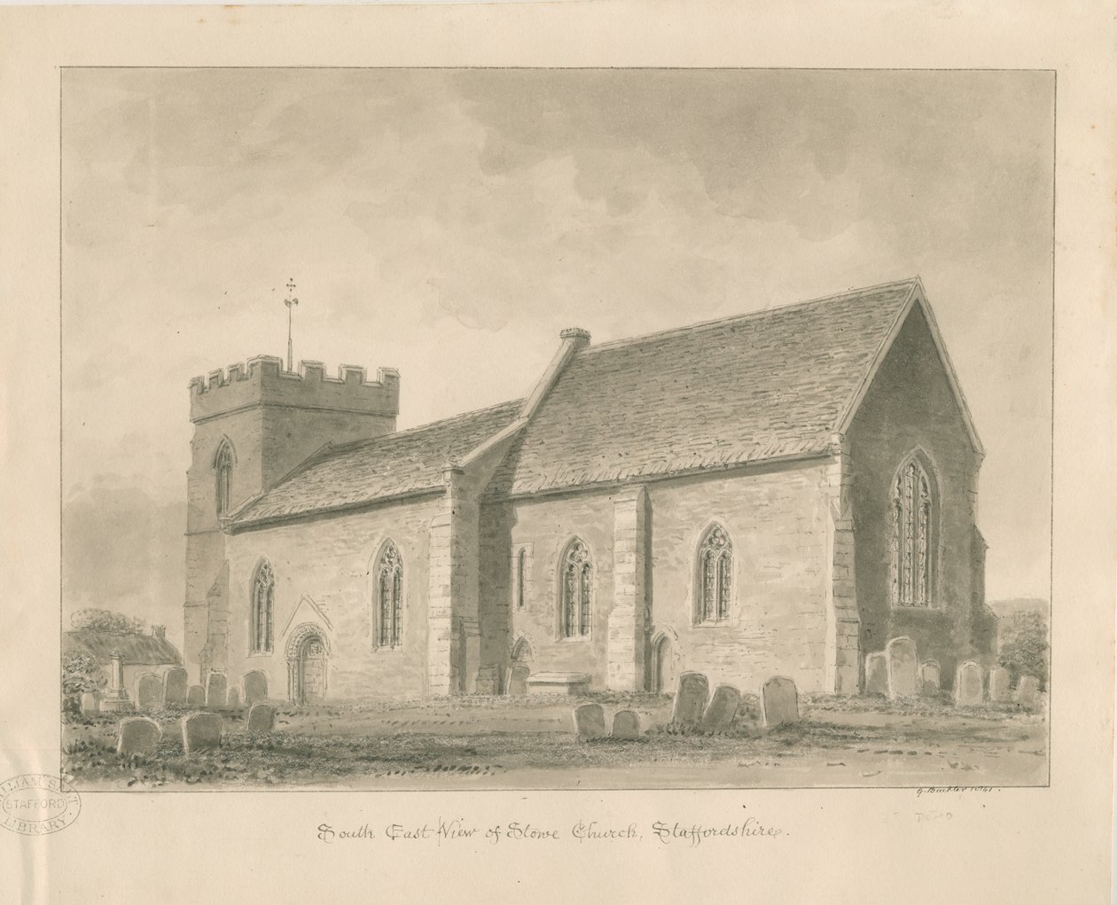 Stowe Church: sépie lavírovaná kresba od George Buckler