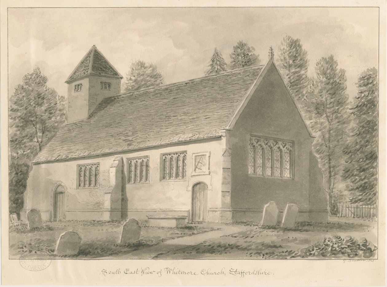 Whitmore Church: sépiová kresba, 1841 od George Buckler