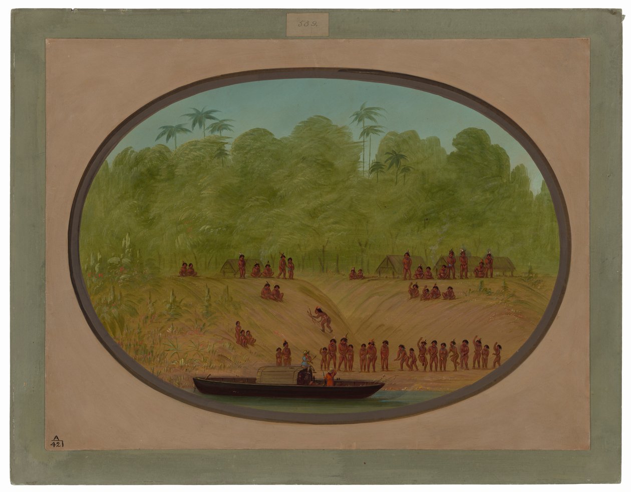 Omagua Village - Náčrt lodi od George Catlin