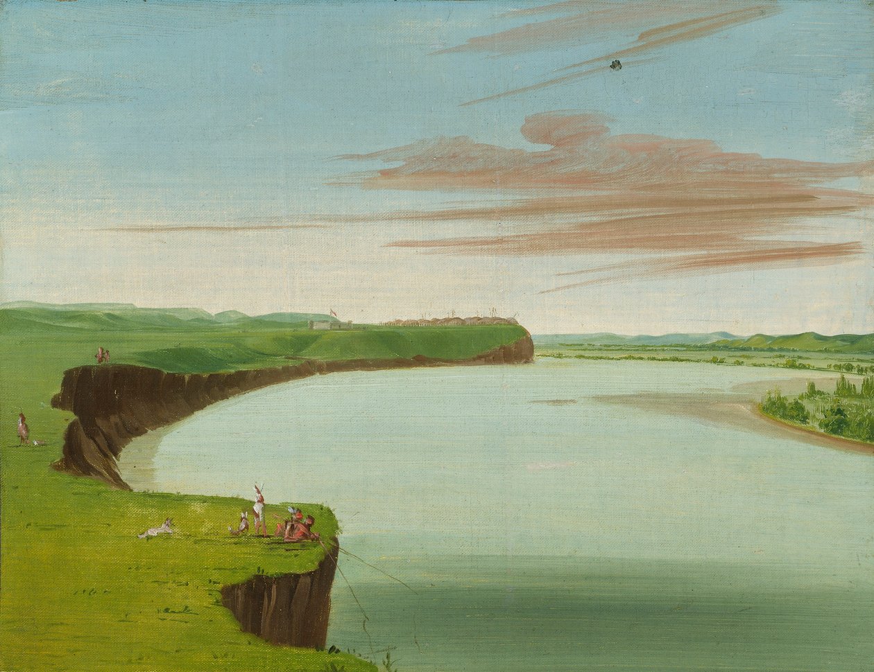Pohled na vesnici Mandan z dálky od George Catlin