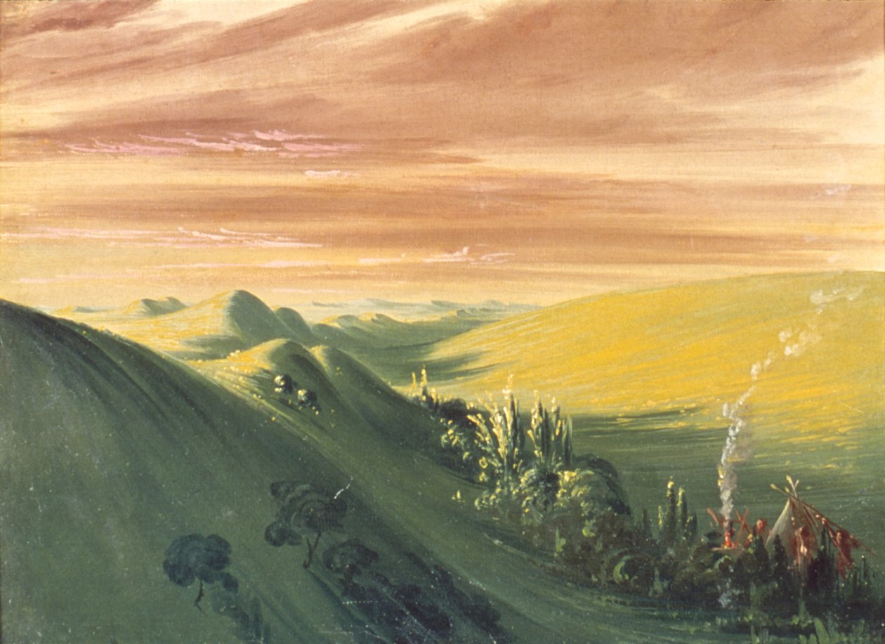 Táboření indiánů při západu slunce, Horní Missouri od George Catlin