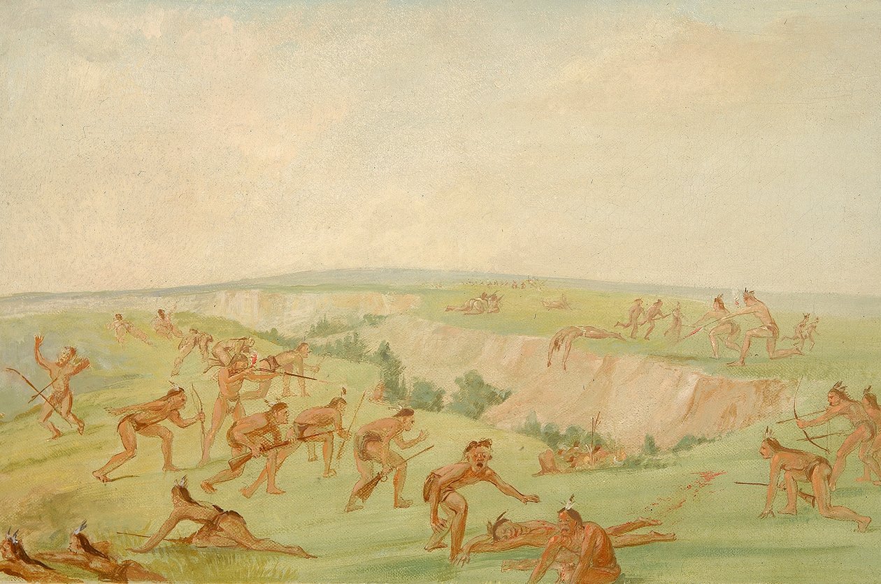 Útok Mandanů na skupinu Arikarů od George Catlin