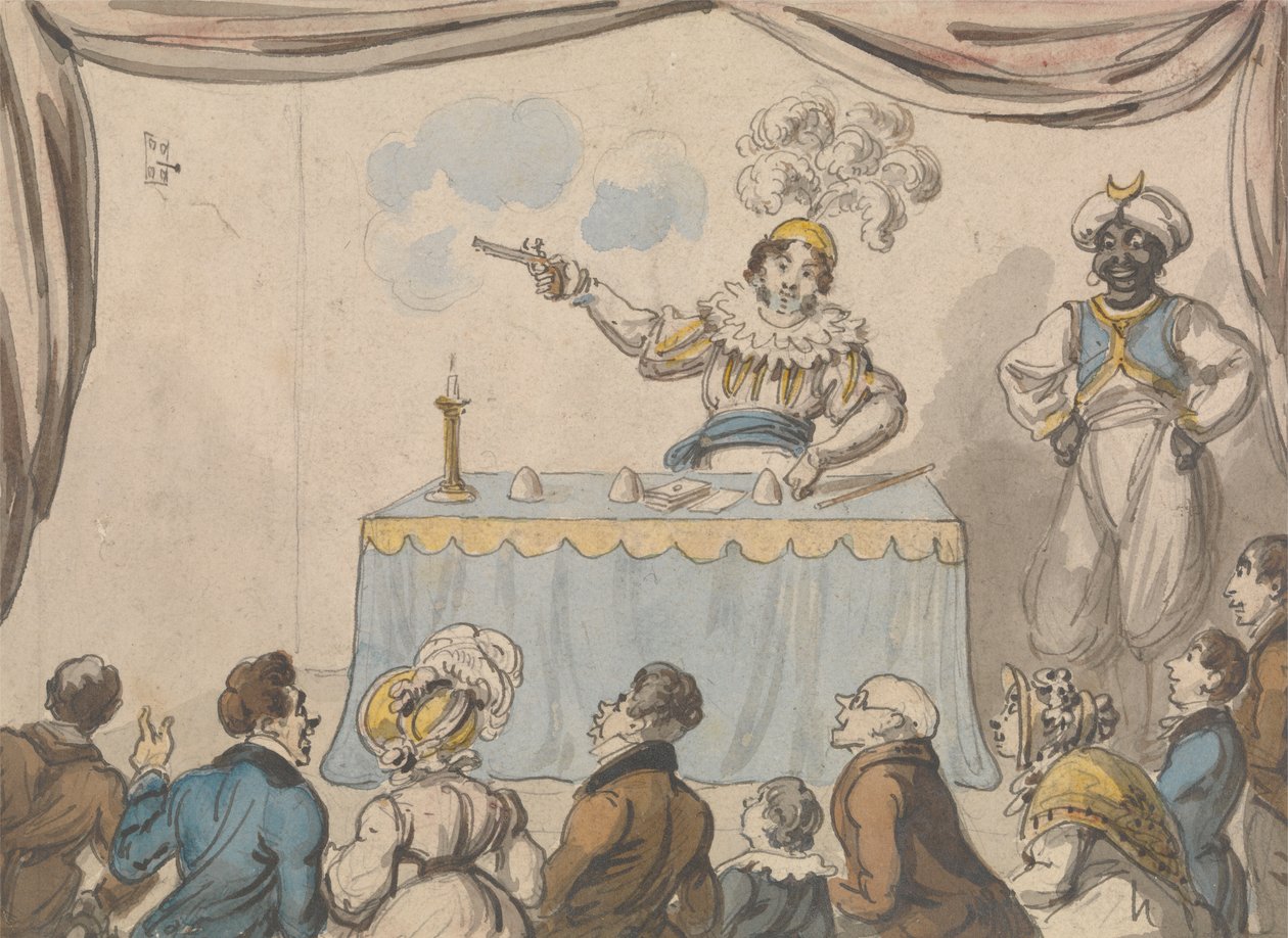 Kouzelník s pistolí a kartami od George Cruikshank