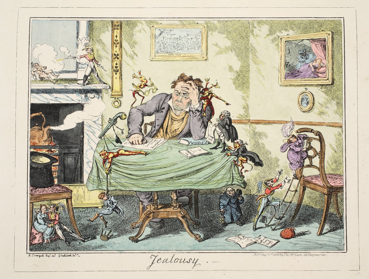 Žárlivost, hospoda. 1835 (ručně kolorovaná rytina) od George Cruikshank