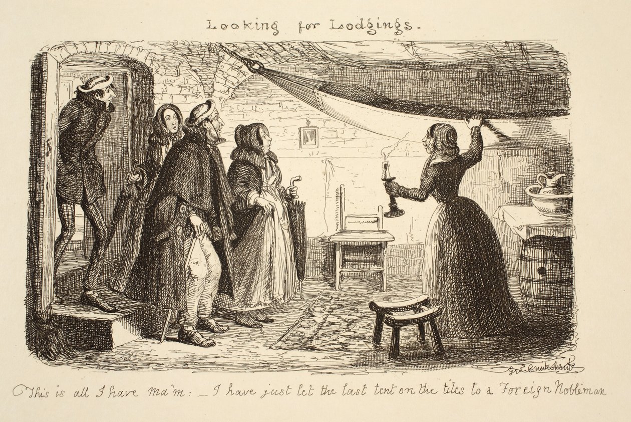 Hledáte ubytování, hospoda. 1851 od George Cruikshank