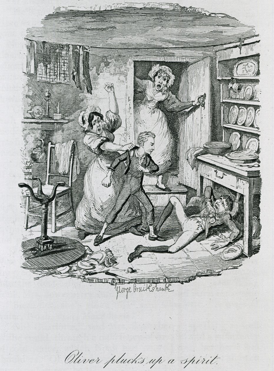 Oliver trhá ducha, 1837 od George Cruikshank