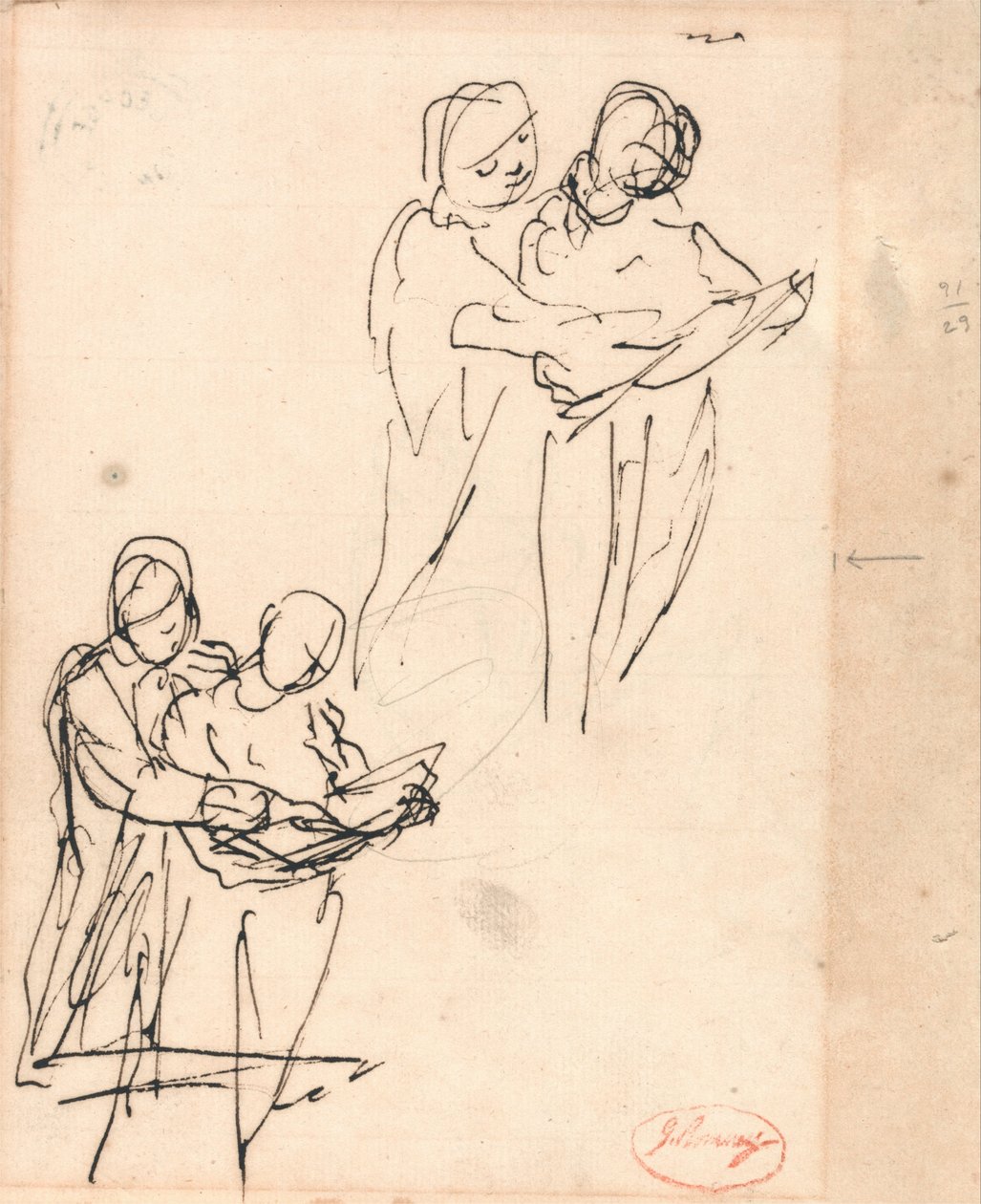 Pár zkoumající knihu od George Romney