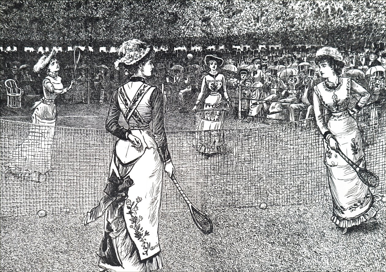 Dámy hrají tenis na trávníku. od George du Maurier