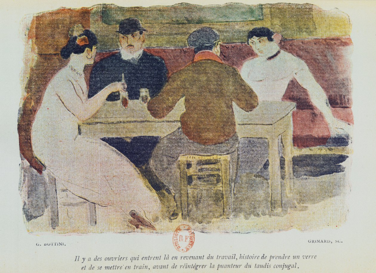 Dělníci pijí, ilustrace z „La Maison Philibert“ od Jeana Lorraina (1855-1906) vydané v roce 1904 od Georges Bottini