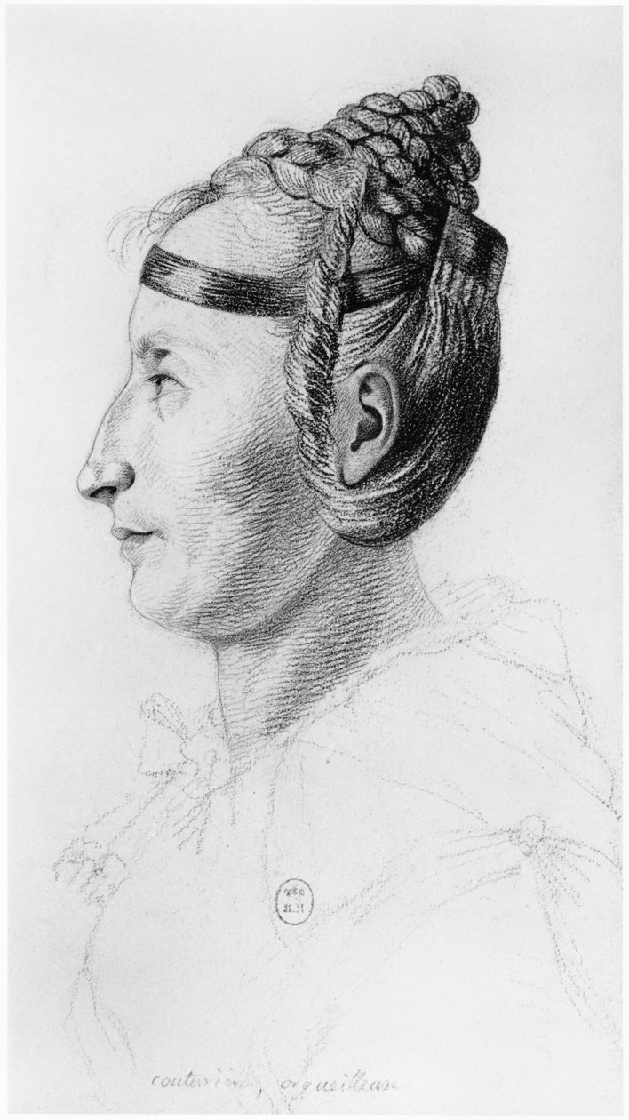 Hrdá švadlena, profil, ilustrace z nepublikovaného pojednání Jean Etienne Dominique Esquirol (1772-1840) o šílencích z blázince Salpetriere, kolem roku 1818 od Georges Francois Gabriel