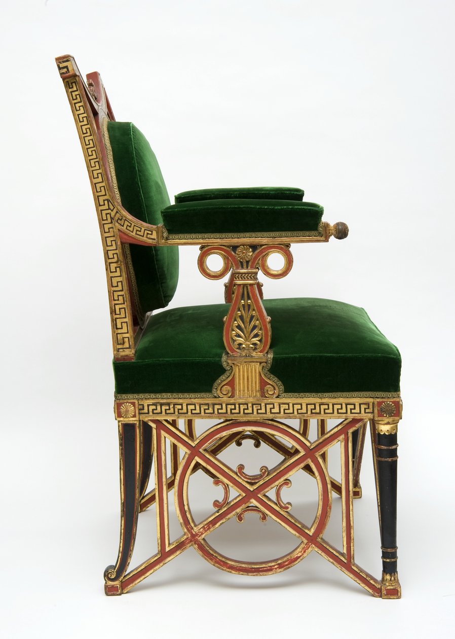 Fauteuil, cca 1785-90 (měkké dřevo se zlacením a zeleným sametem) od Georges Jacob