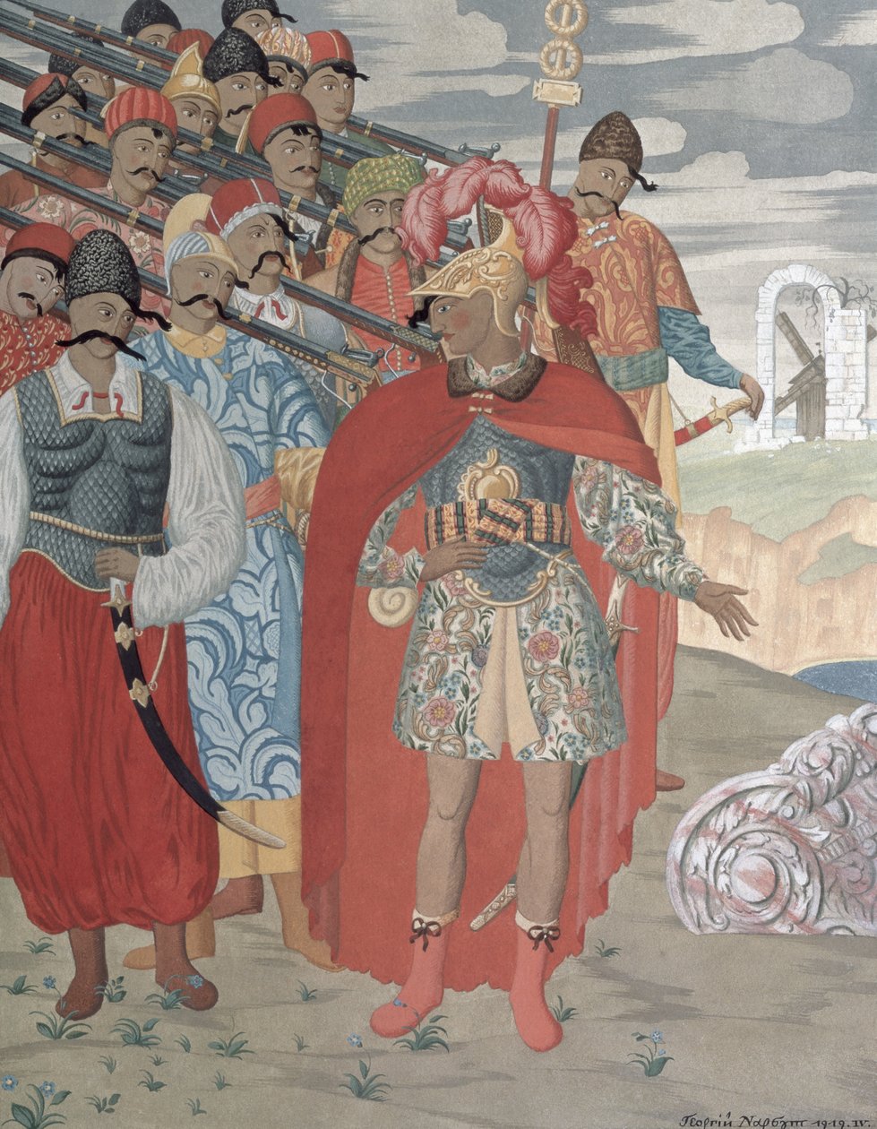 Aeneas a jeho vojáci, 1919 (barevná rytina) od Georgy Narbut