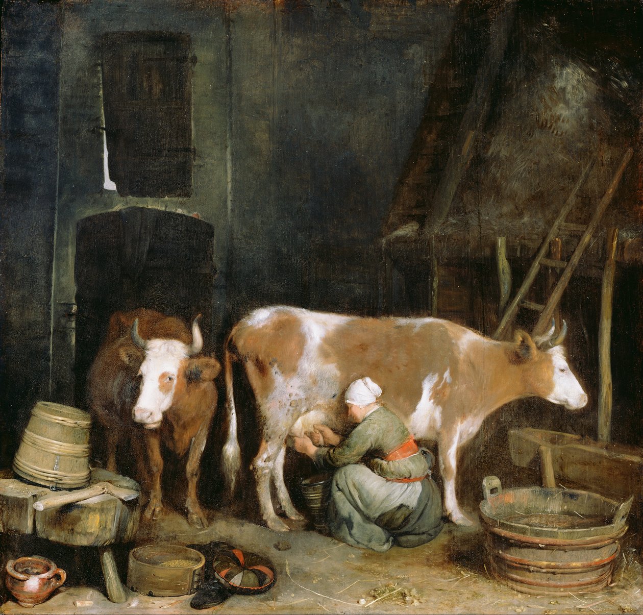 Služka dojící krávu ve stodole od Gerard ter Borch